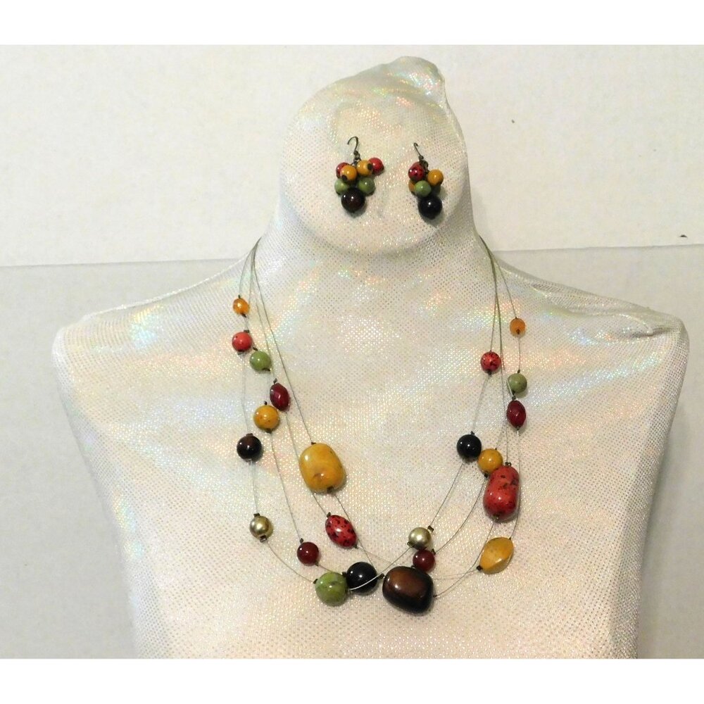 Multicolor Bead Necklace Pierced Earrings Set 4 Strand Wire Adjustable